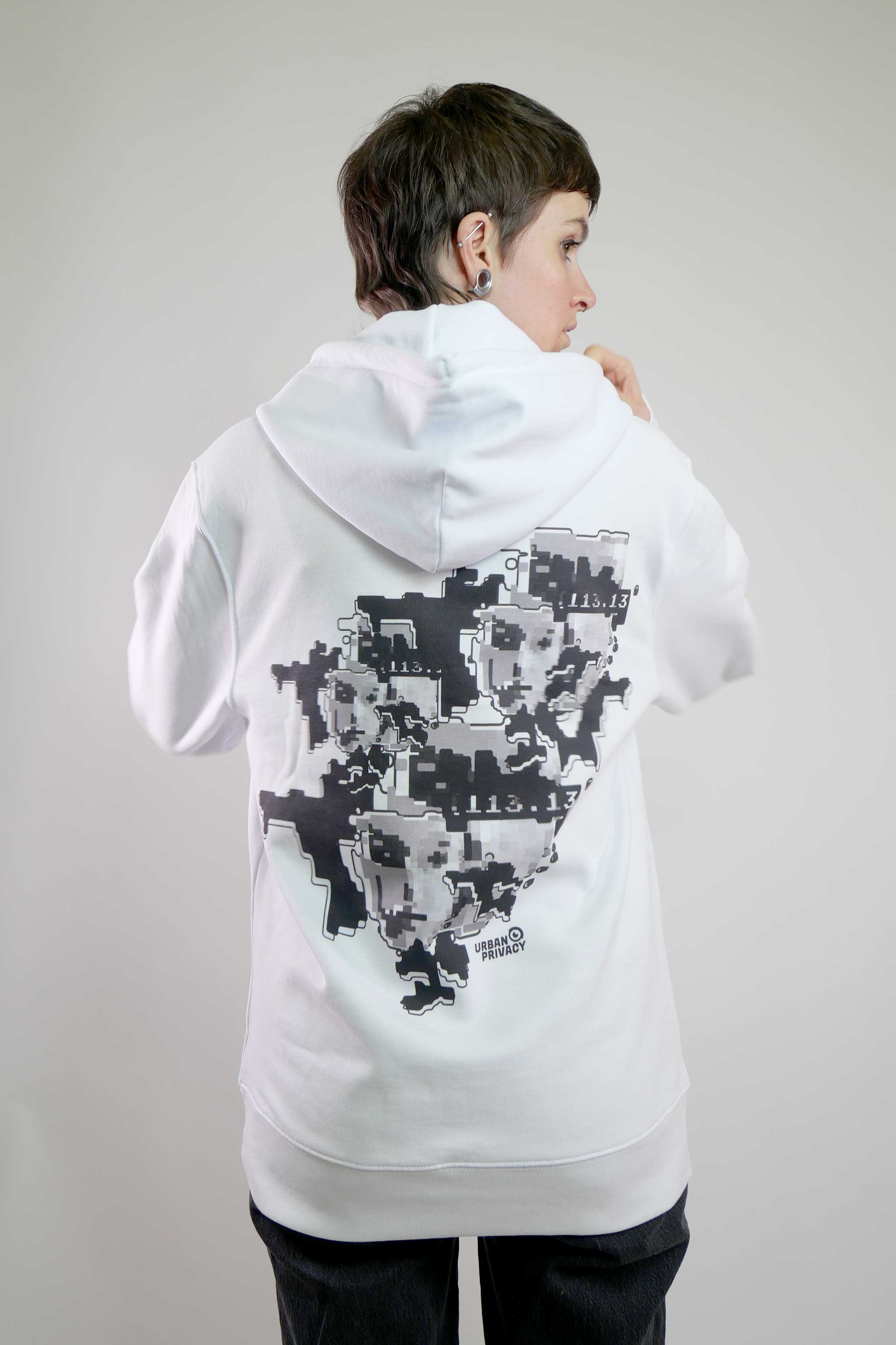 FACEPTION RELOADED I Eco Premium Unisex Hoodie with Pattern That Confuses Face Recognition in white