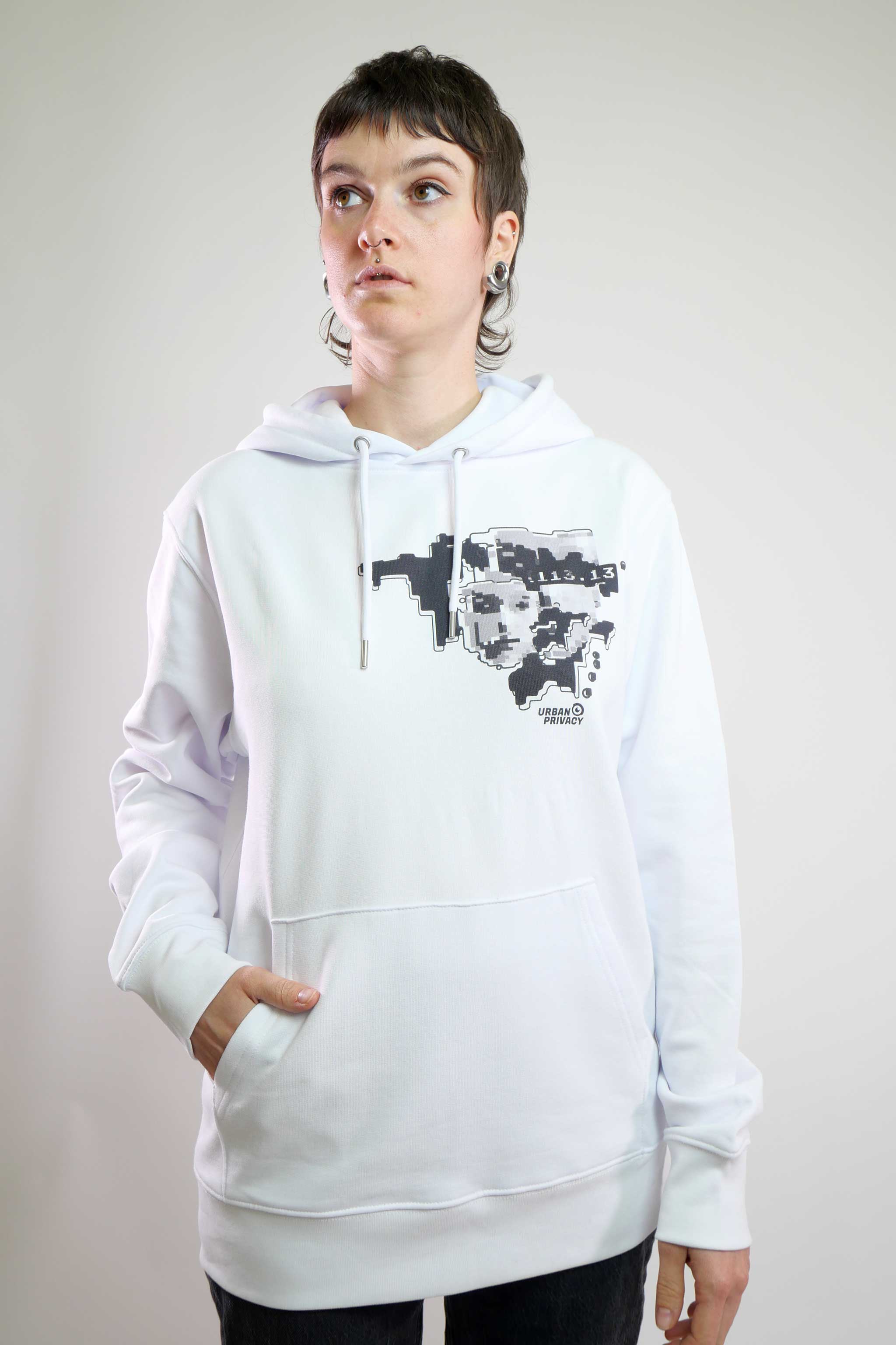 FACEPTION RELOADED I Eco Premium Unisex Hoodie with Pattern That Confuses Face Recognition in white