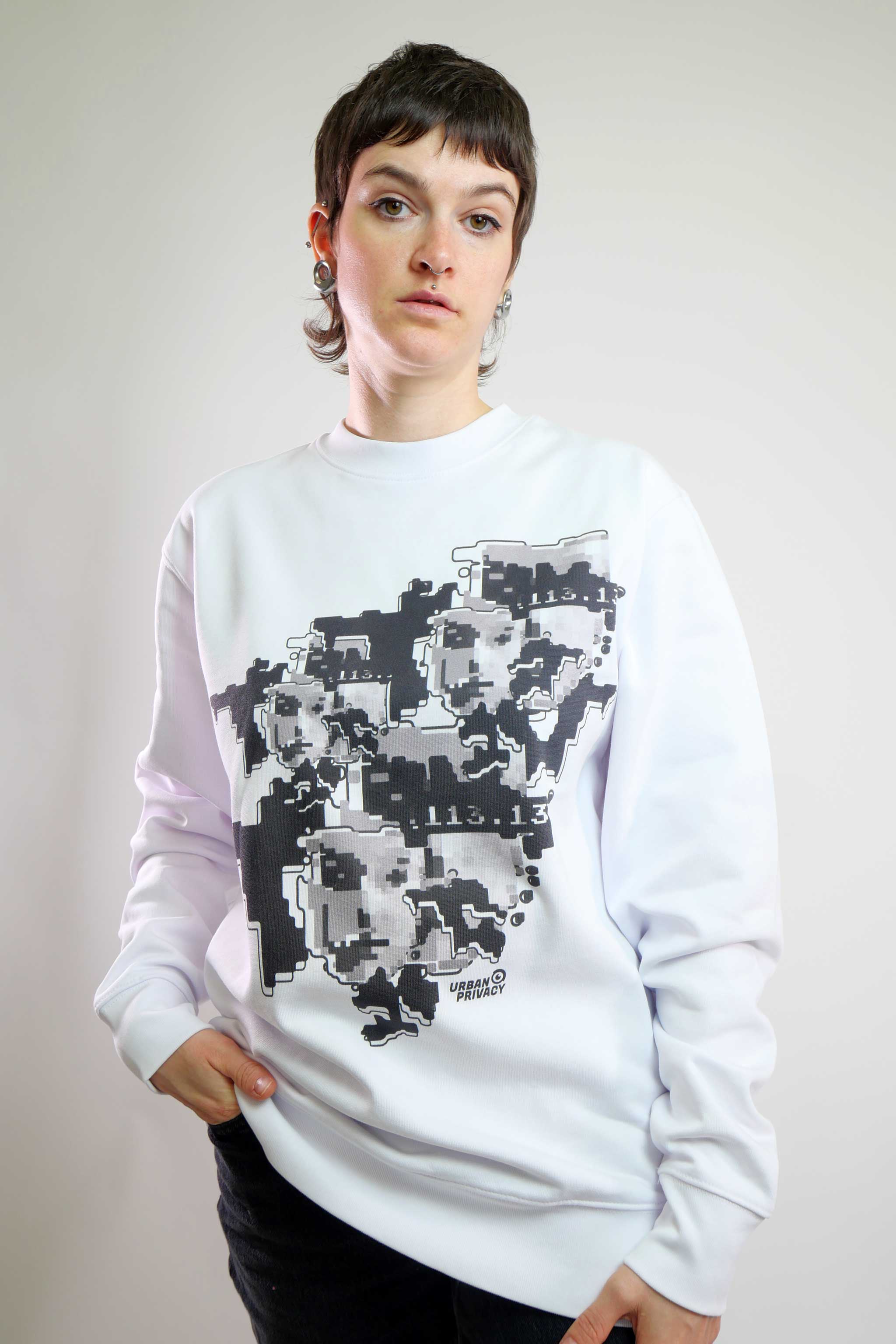 FACEPTION RELOADED I Eco Premium Unisex Sweatshirt with Pattern That Confuses Face Recognition in white