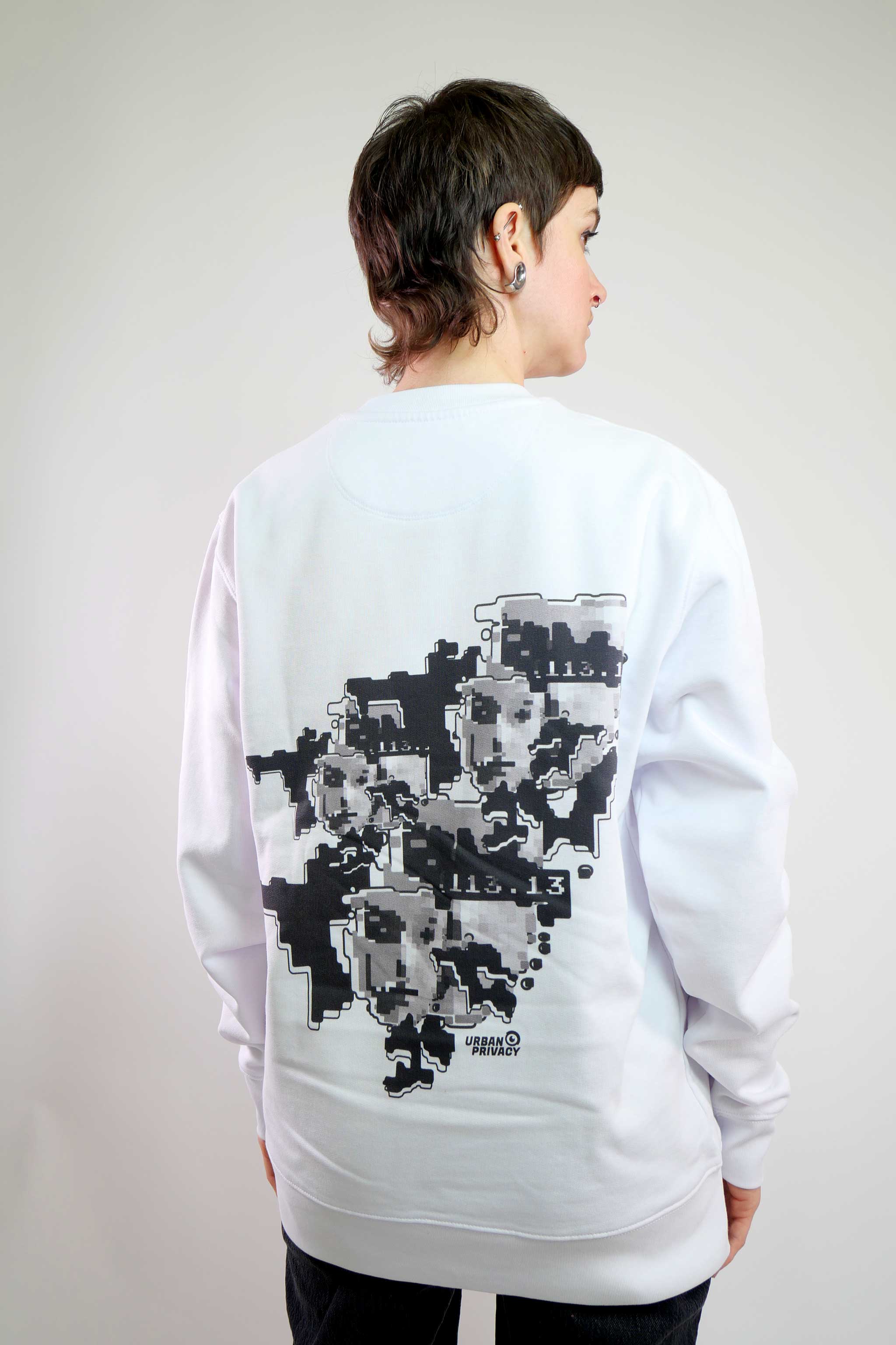 FACEPTION RELOADED I Eco Premium Unisex Sweatshirt with Pattern That Confuses Face Recognition in white